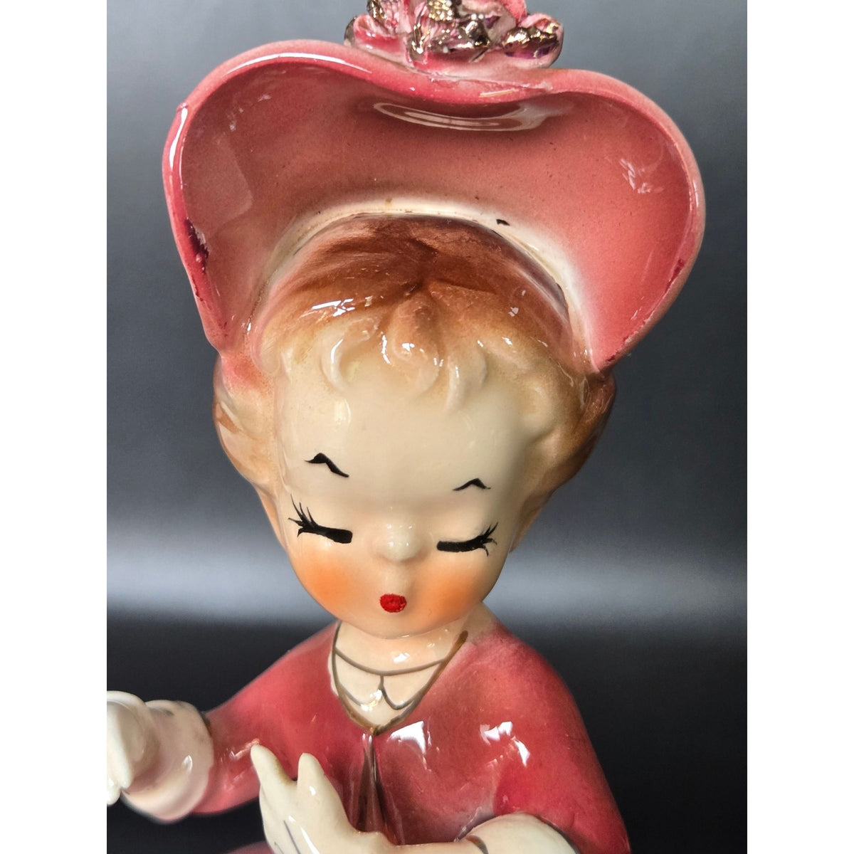 Vintage Arnart Pink Ceramic Figurine Of Lady In Hat With Floral Accents 1950s Style Home Decor