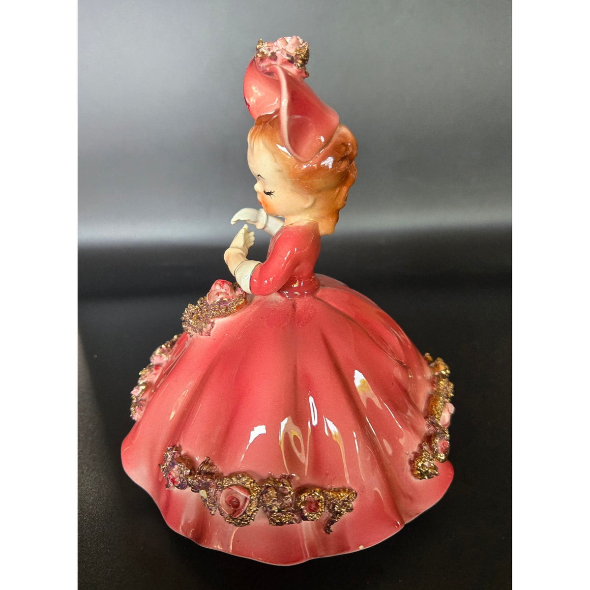 Vintage Arnart Pink Ceramic Figurine Of Lady In Hat With Floral Accents 1950s Style Home Decor
