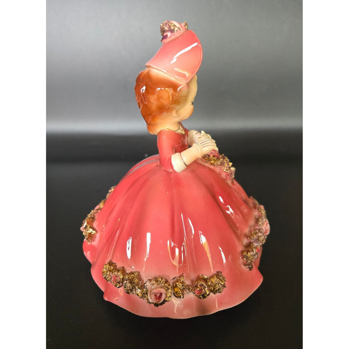 Vintage Arnart Pink Ceramic Figurine Of Lady In Hat With Floral Accents 1950s Style Home Decor