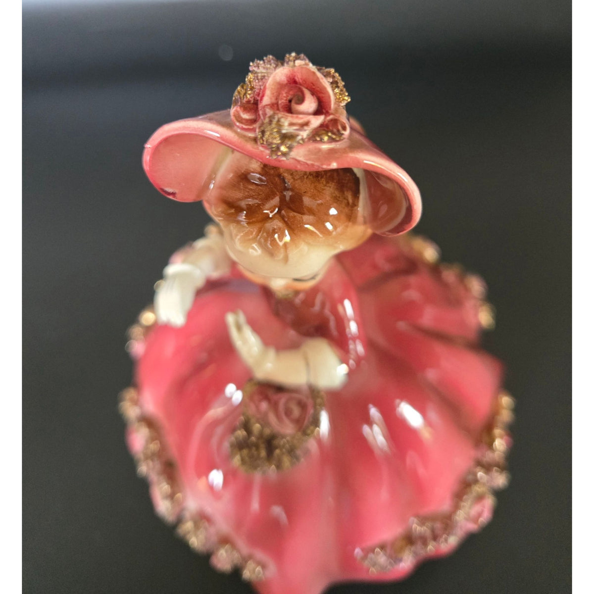 Vintage Arnart Pink Ceramic Figurine Of Lady In Hat With Floral Accents 1950s Style Home Decor