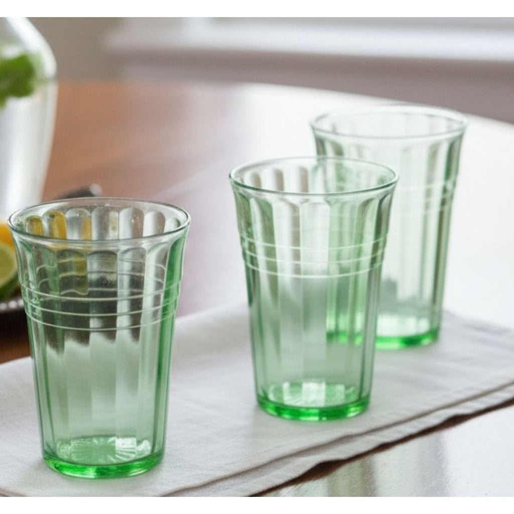 3 pc Hazel-Atlas Moderntone Green Depression Glasses Ribbed Uranium 8 oz. 1940s