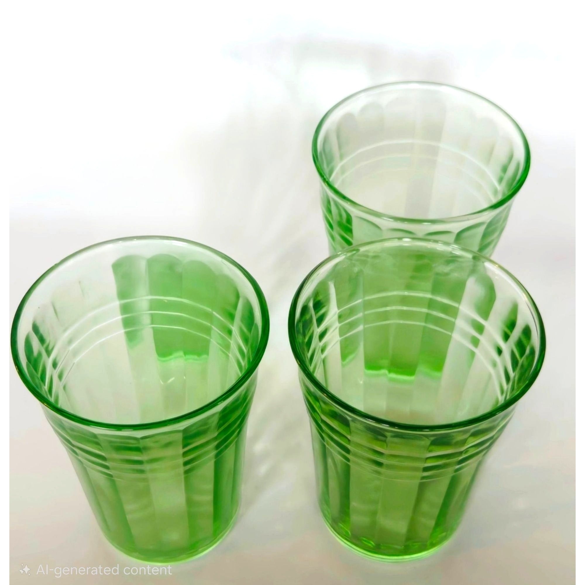 3 pc Hazel-Atlas Moderntone Green Depression Glasses Ribbed Uranium 8 oz. 1940s