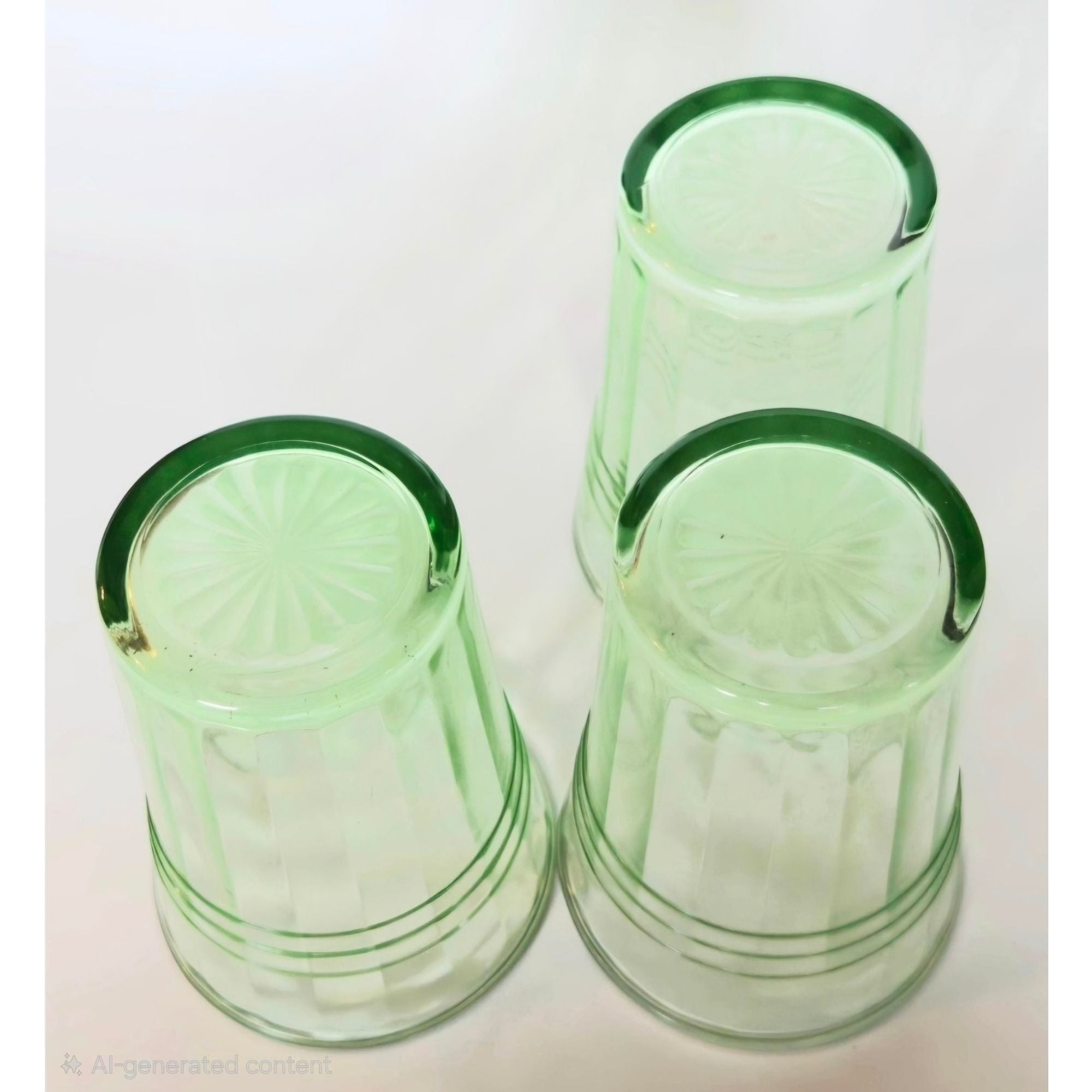 3 pc Hazel-Atlas Moderntone Green Depression Glasses Ribbed Uranium 8 oz. 1940s