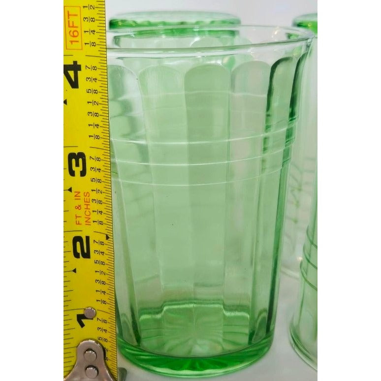 3 pc Hazel-Atlas Moderntone Green Depression Glasses Ribbed Uranium 8 oz. 1940s