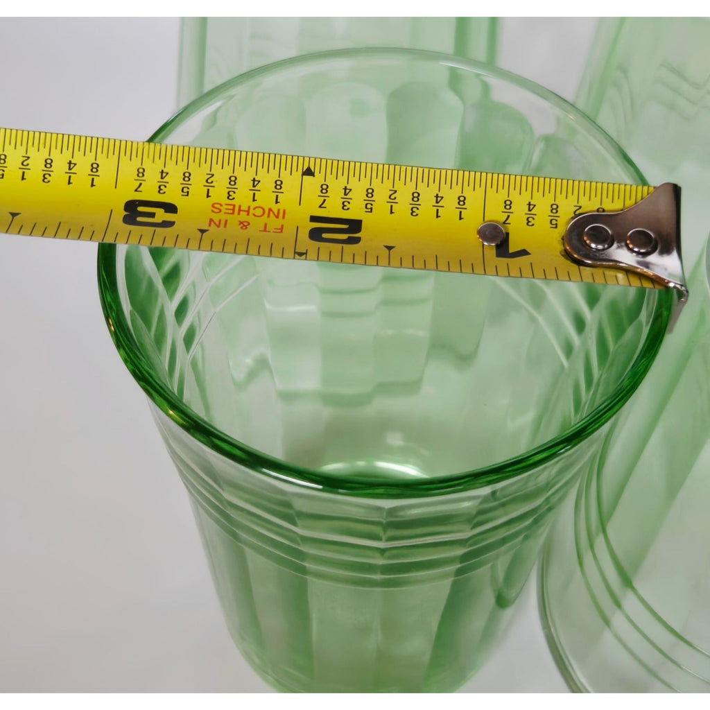 3 pc Hazel-Atlas Moderntone Green Depression Glasses Ribbed Uranium 8 oz. 1940s