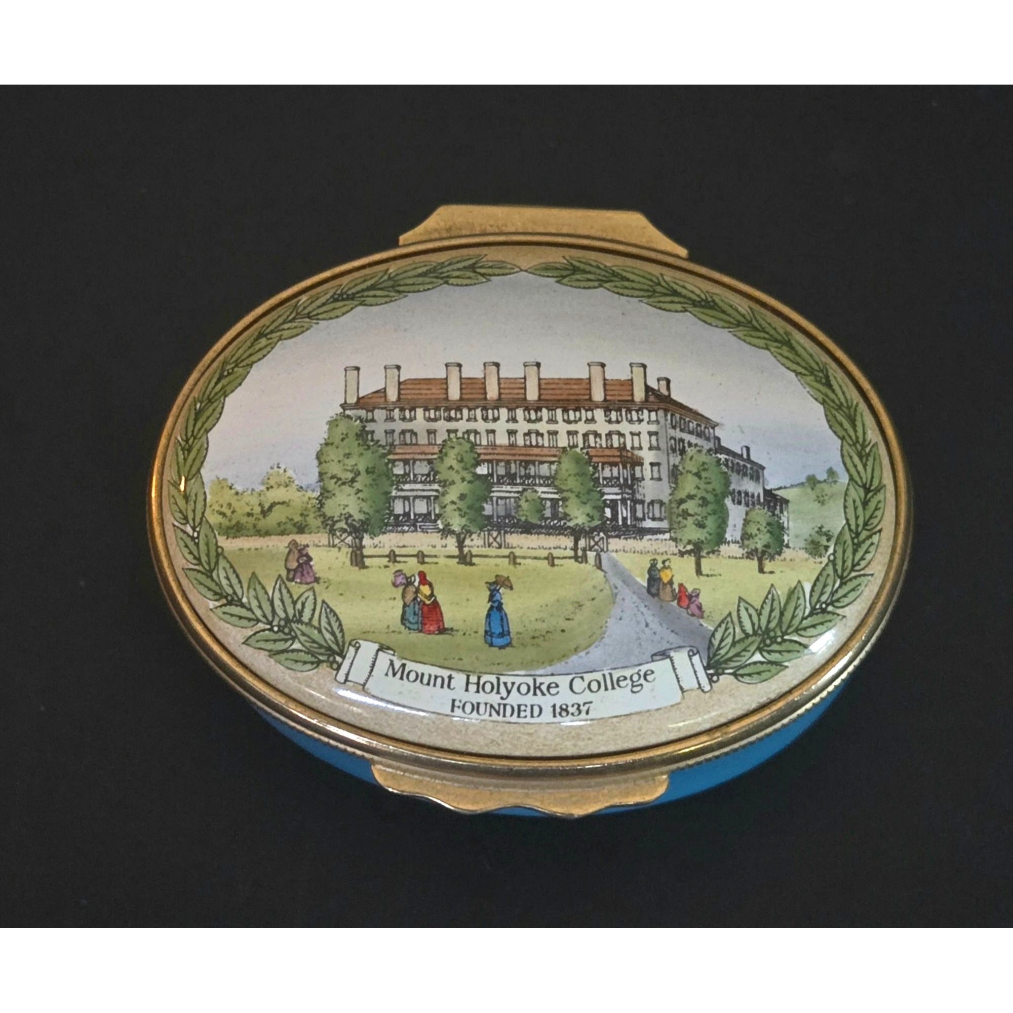 Mount Holyoke College Halcyon Days Enamel Trinket Box With Gold Trim