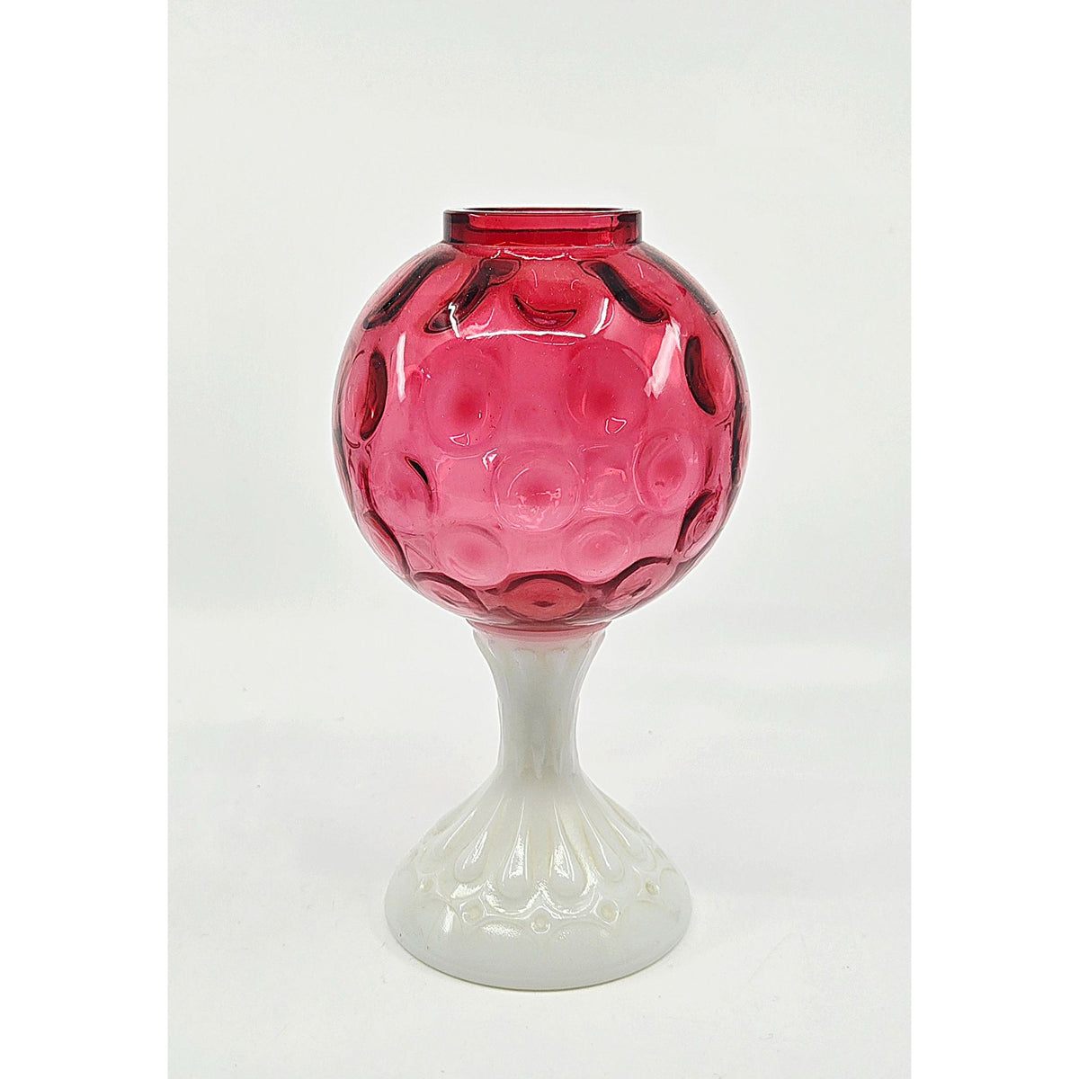 Vintage Fenton Cranberry Coin Dot Ivy Ball Glass Globe With Milk Glass Pedestal Base.