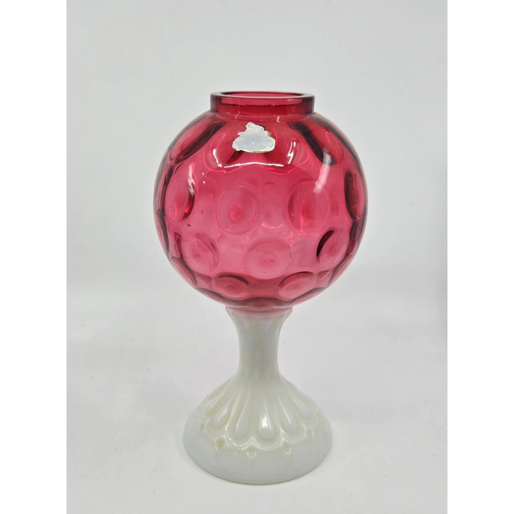 Vintage Fenton Cranberry Coin Dot Ivy Ball Glass Globe With Milk Glass Pedestal Base.