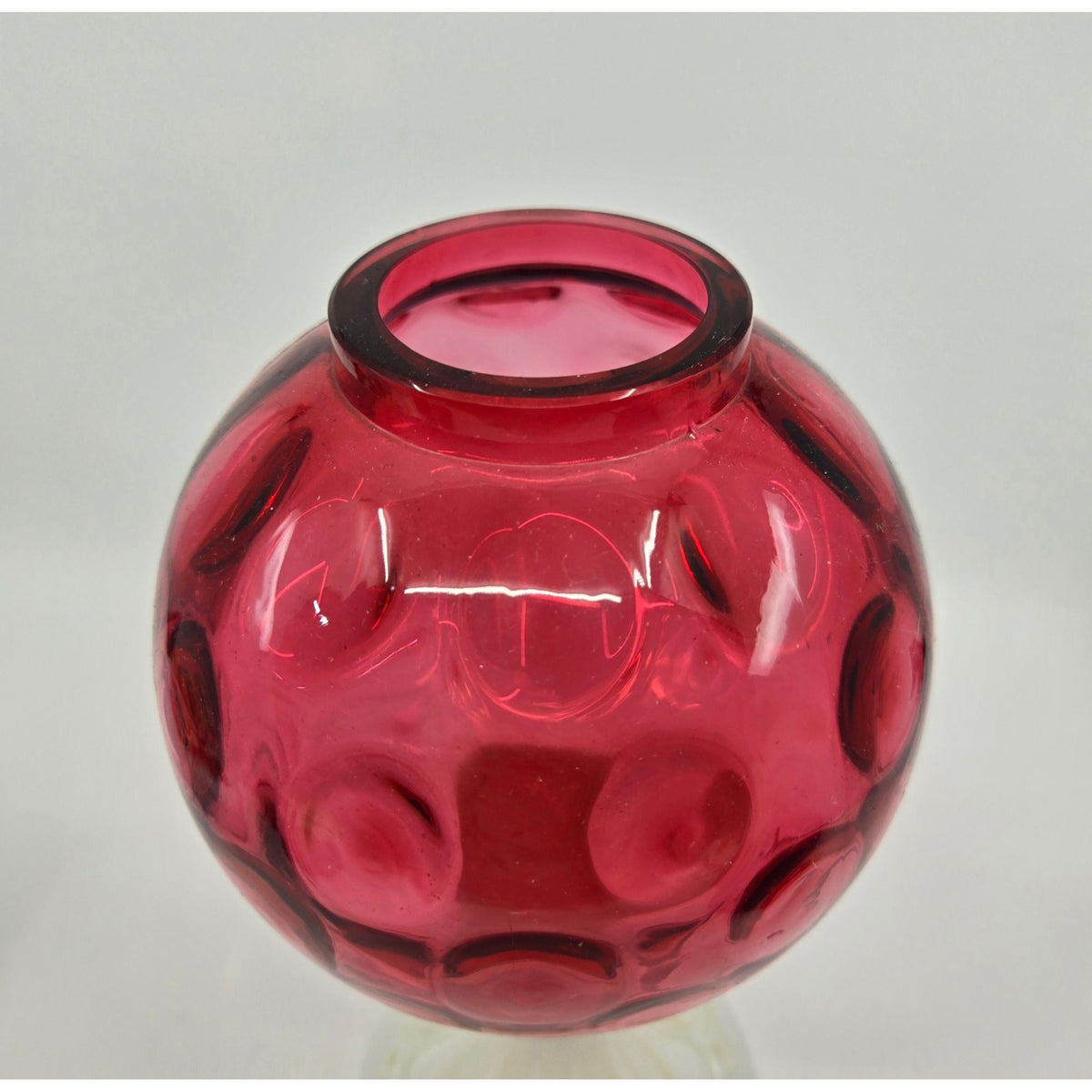 Vintage Fenton Cranberry Coin Dot Ivy Ball Glass Globe With Milk Glass Pedestal Base.