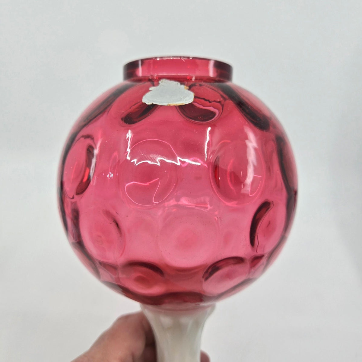 Vintage Fenton Cranberry Coin Dot Ivy Ball Glass Globe With Milk Glass Pedestal Base.