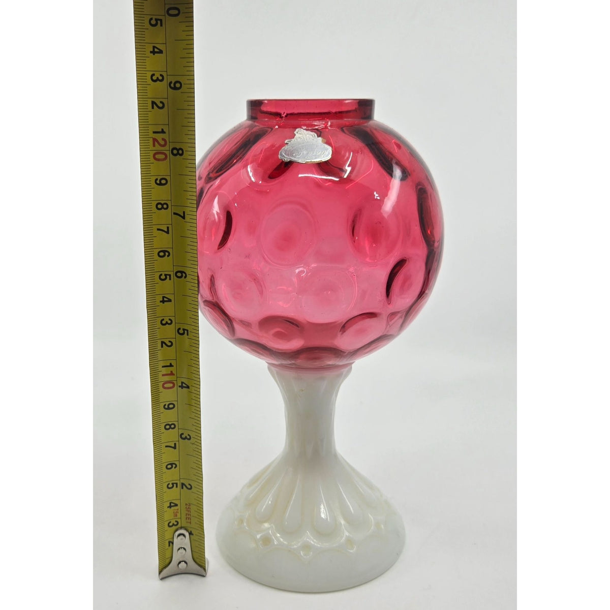 Vintage Fenton Cranberry Coin Dot Ivy Ball Glass Globe With Milk Glass Pedestal Base.