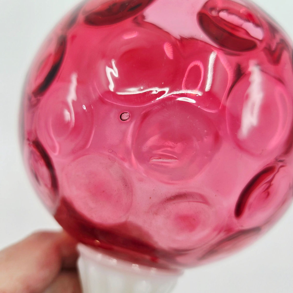 Vintage Fenton Cranberry Coin Dot Ivy Ball Glass Globe With Milk Glass Pedestal Base.