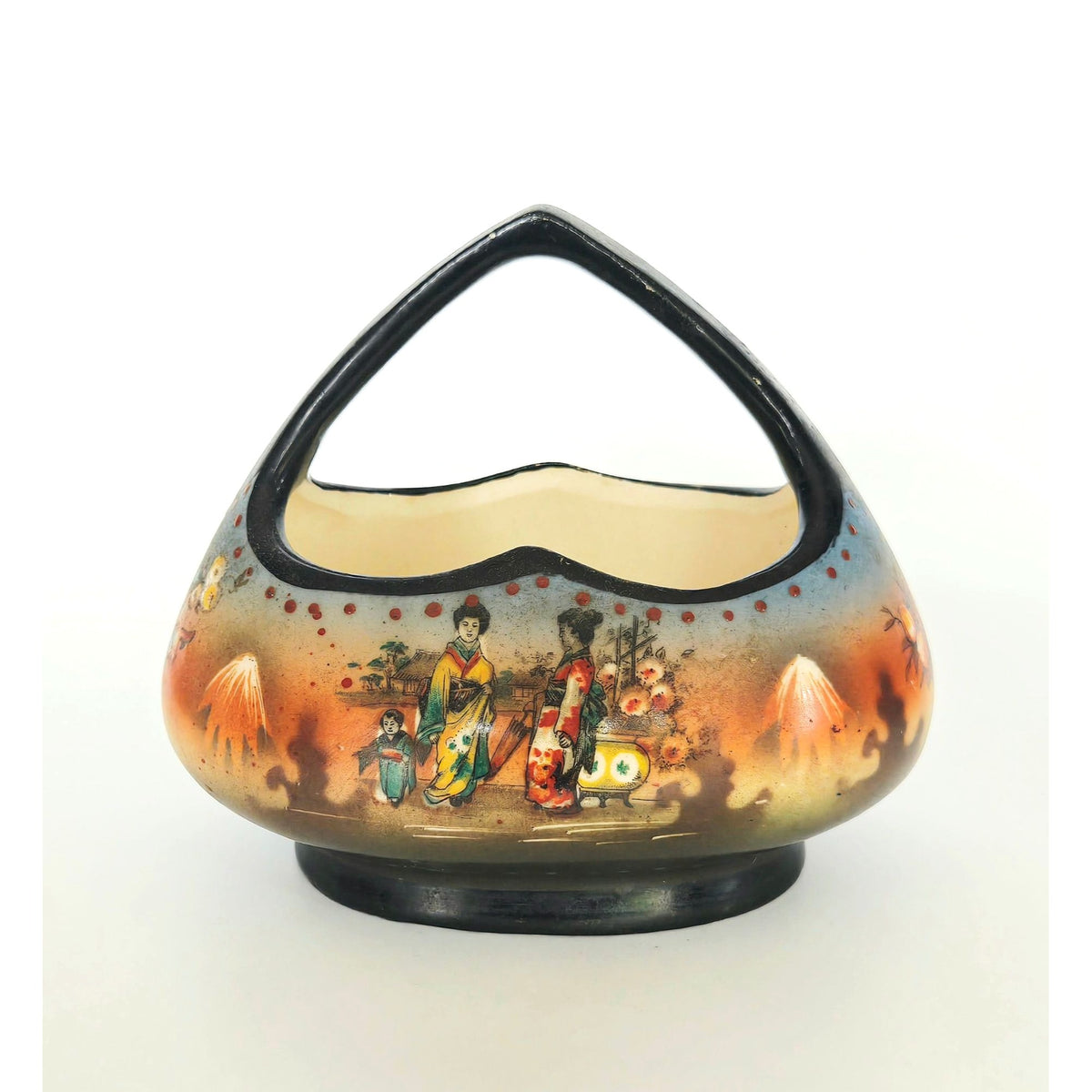 Vintage Coronet Japanese Scene Ceramic Basket With Handle Floral & Geisha Motif