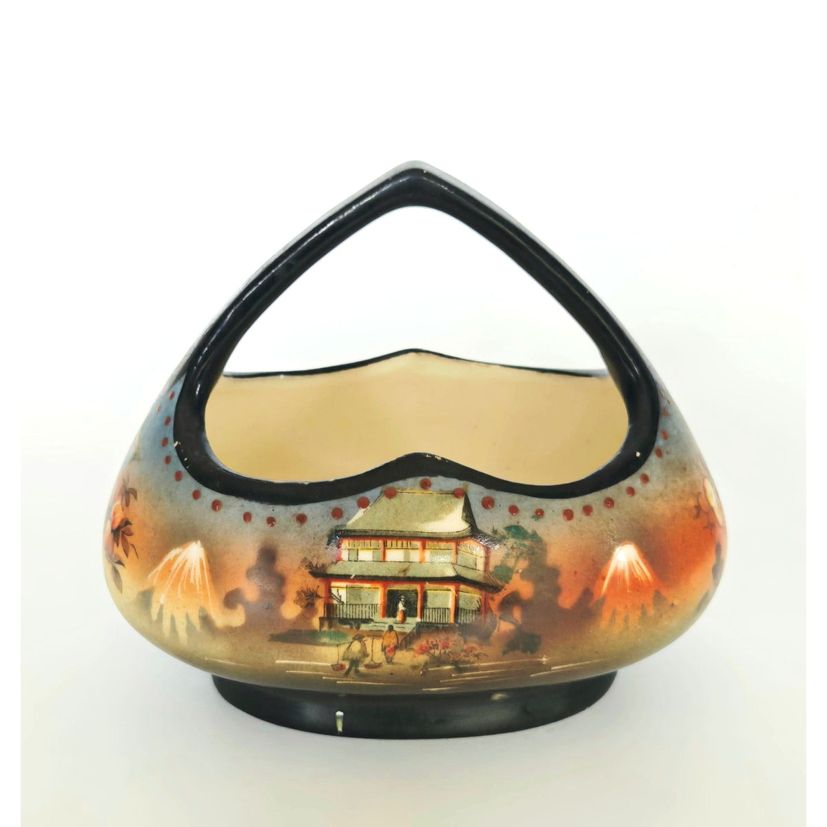 Vintage Coronet Japanese Scene Ceramic Basket With Handle Floral & Geisha Motif