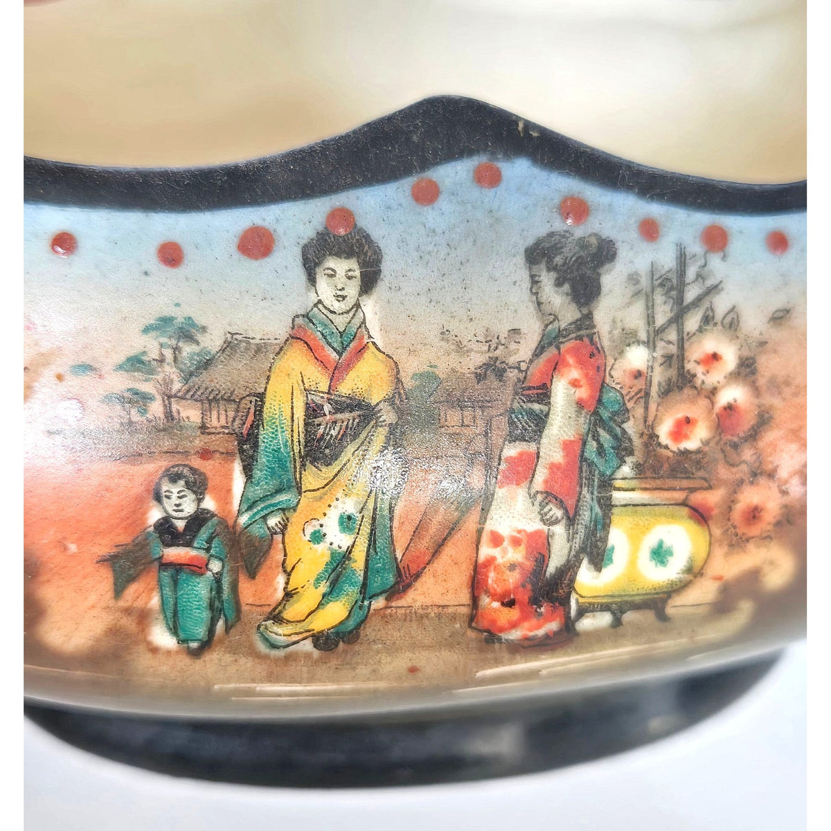 Vintage Coronet Japanese Scene Ceramic Basket With Handle Floral & Geisha Motif