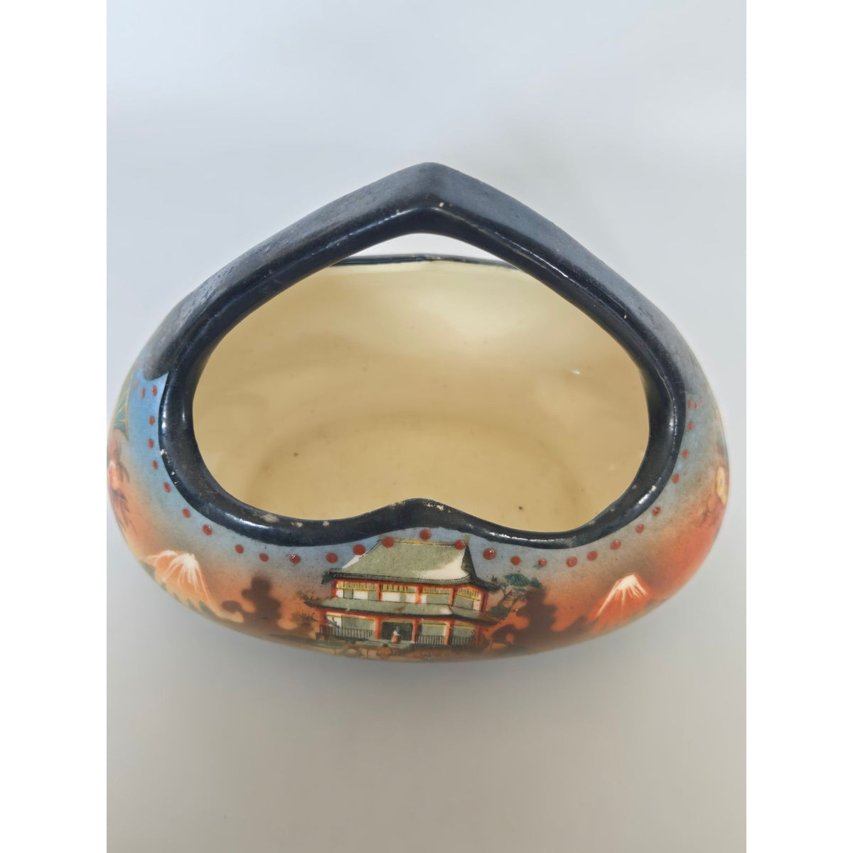 Vintage Coronet Japanese Scene Ceramic Basket With Handle Floral & Geisha Motif