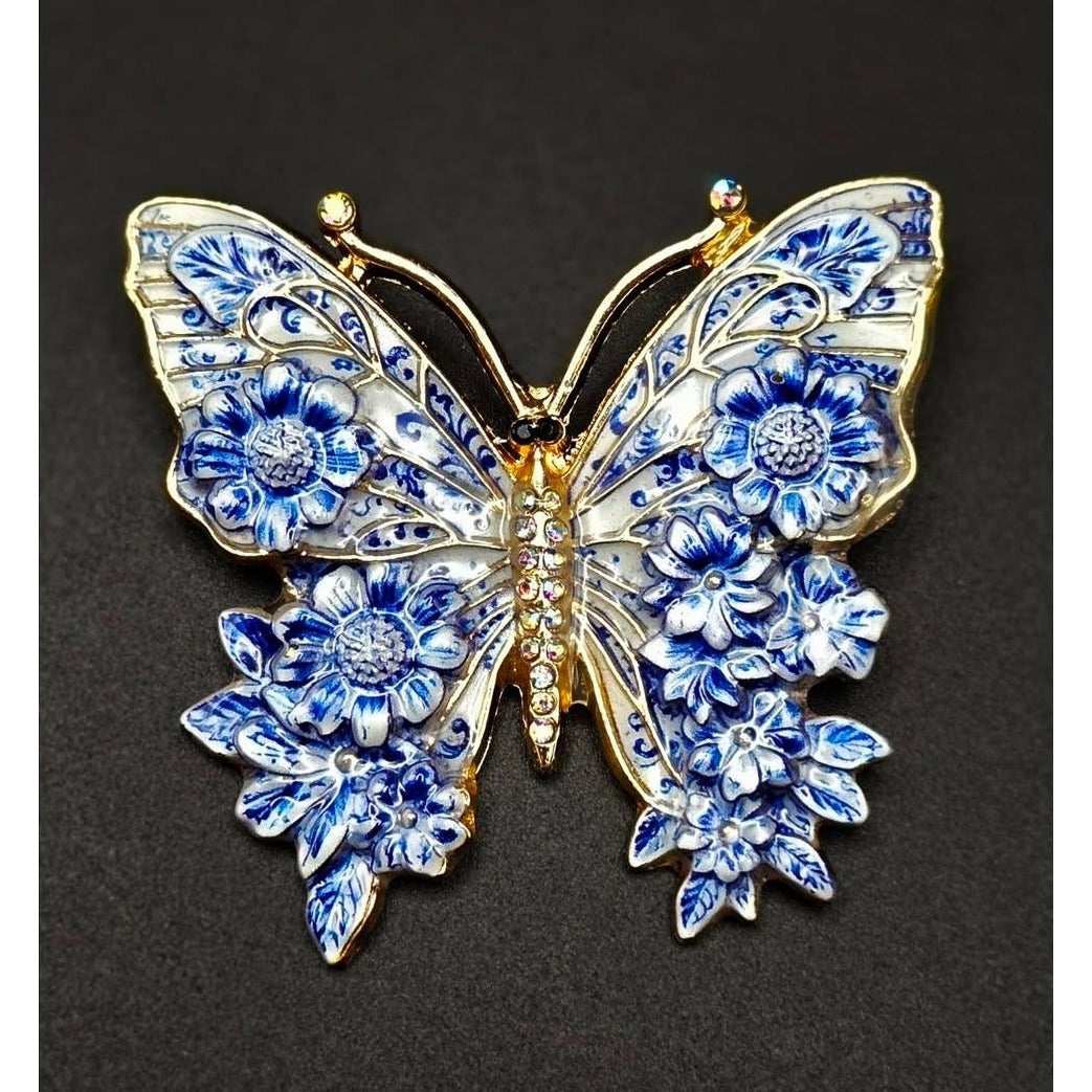 Flow Blue & White Floral Butterfly Brooch Pin With Gold-Tone Accents And Rhinestones 2.5"