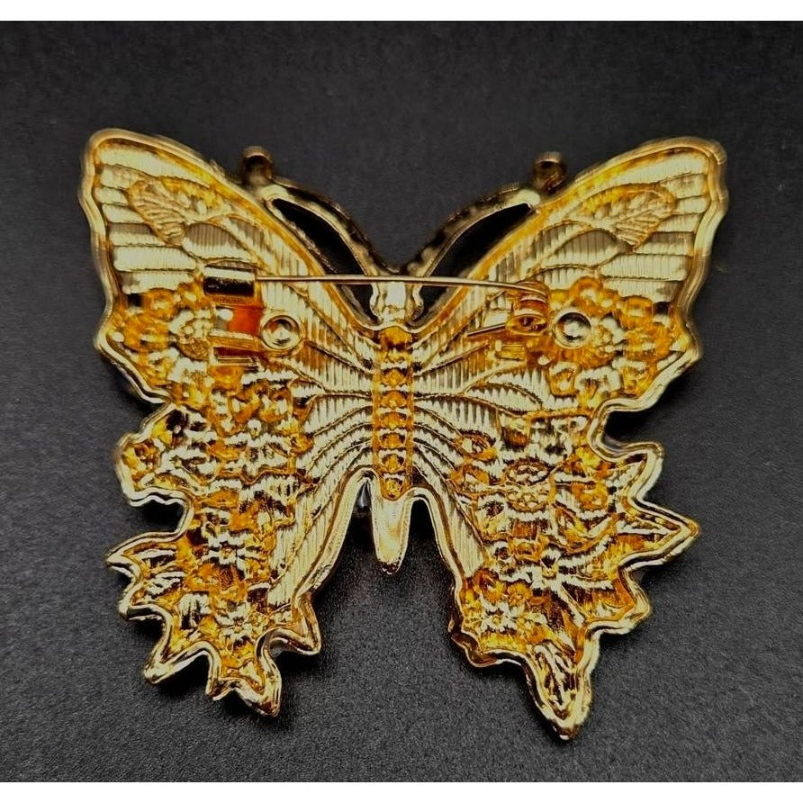 Flow Blue & White Floral Butterfly Brooch Pin With Gold-Tone Accents And Rhinestones 2.5"