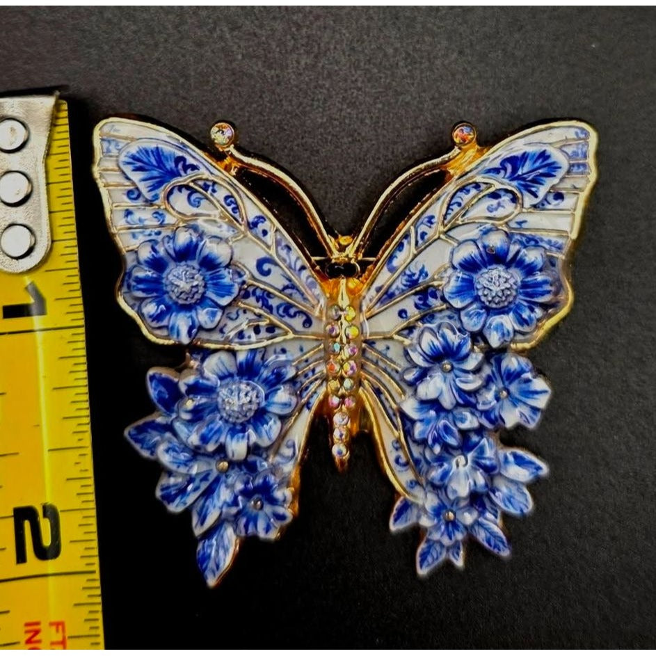 Flow Blue & White Floral Butterfly Brooch Pin With Gold-Tone Accents And Rhinestones 2.5"