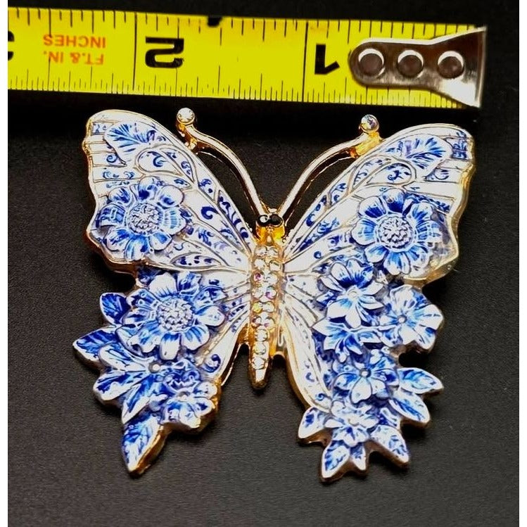 Flow Blue & White Floral Butterfly Brooch Pin With Gold-Tone Accents And Rhinestones 2.5"