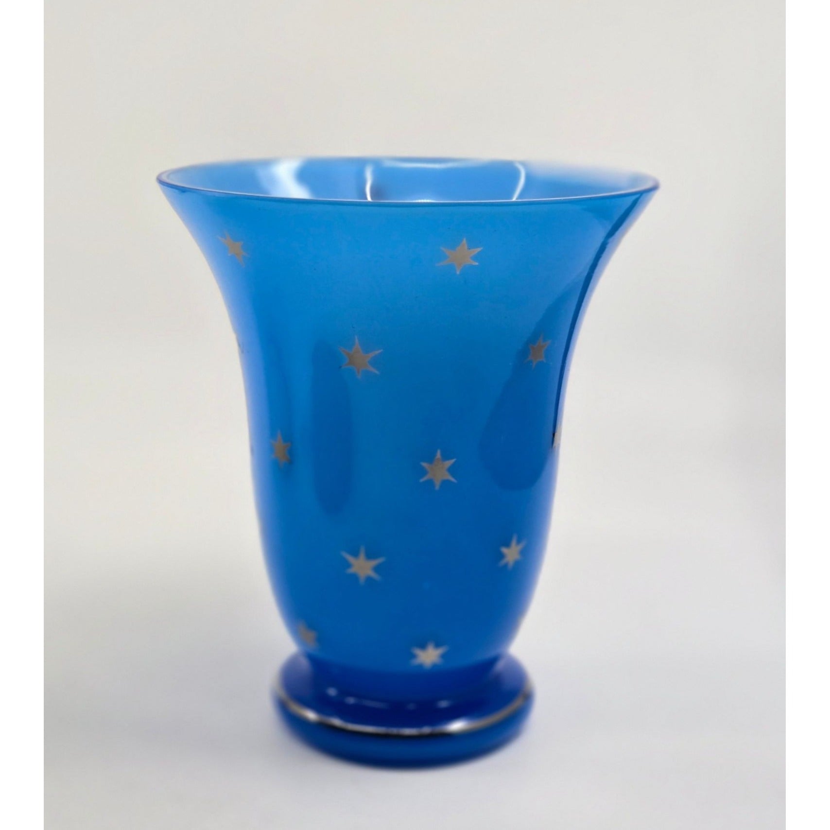 Victorian Blue Opaline Harrach Vase With Star Pattern Flared Top & Round Base, Czech