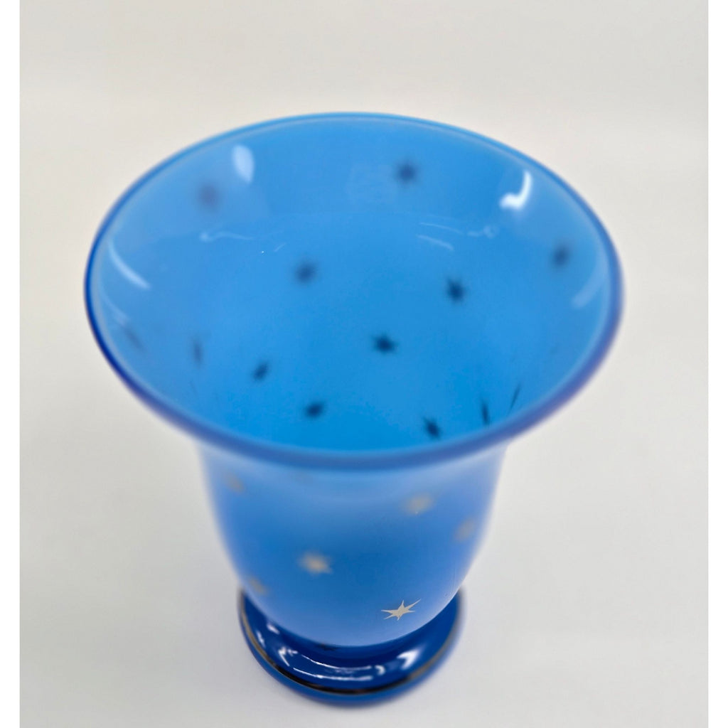 Victorian Blue Opaline Harrach Vase With Star Pattern Flared Top & Round Base, Czech