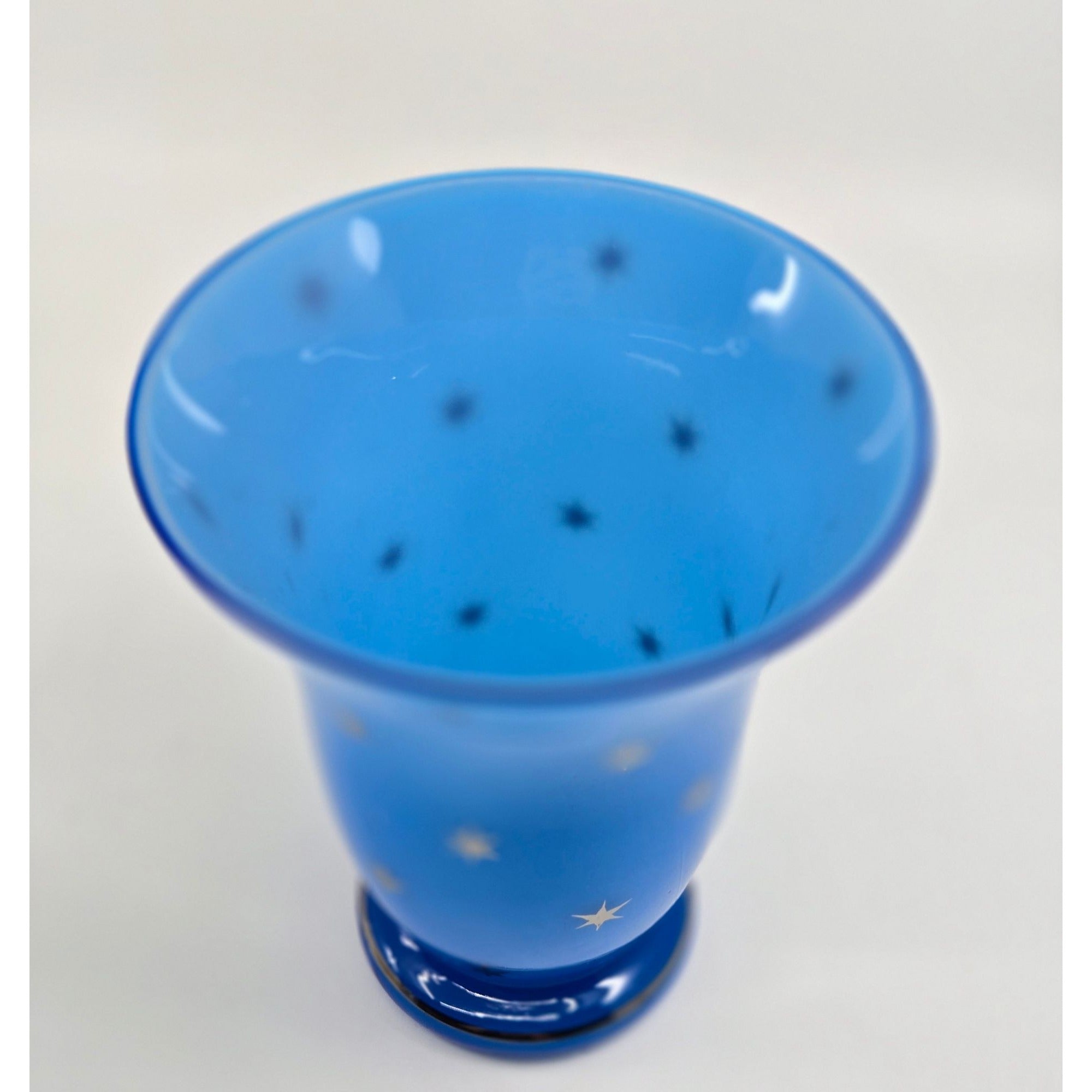 Victorian Blue Opaline Harrach Vase With Star Pattern Flared Top & Round Base, Czech