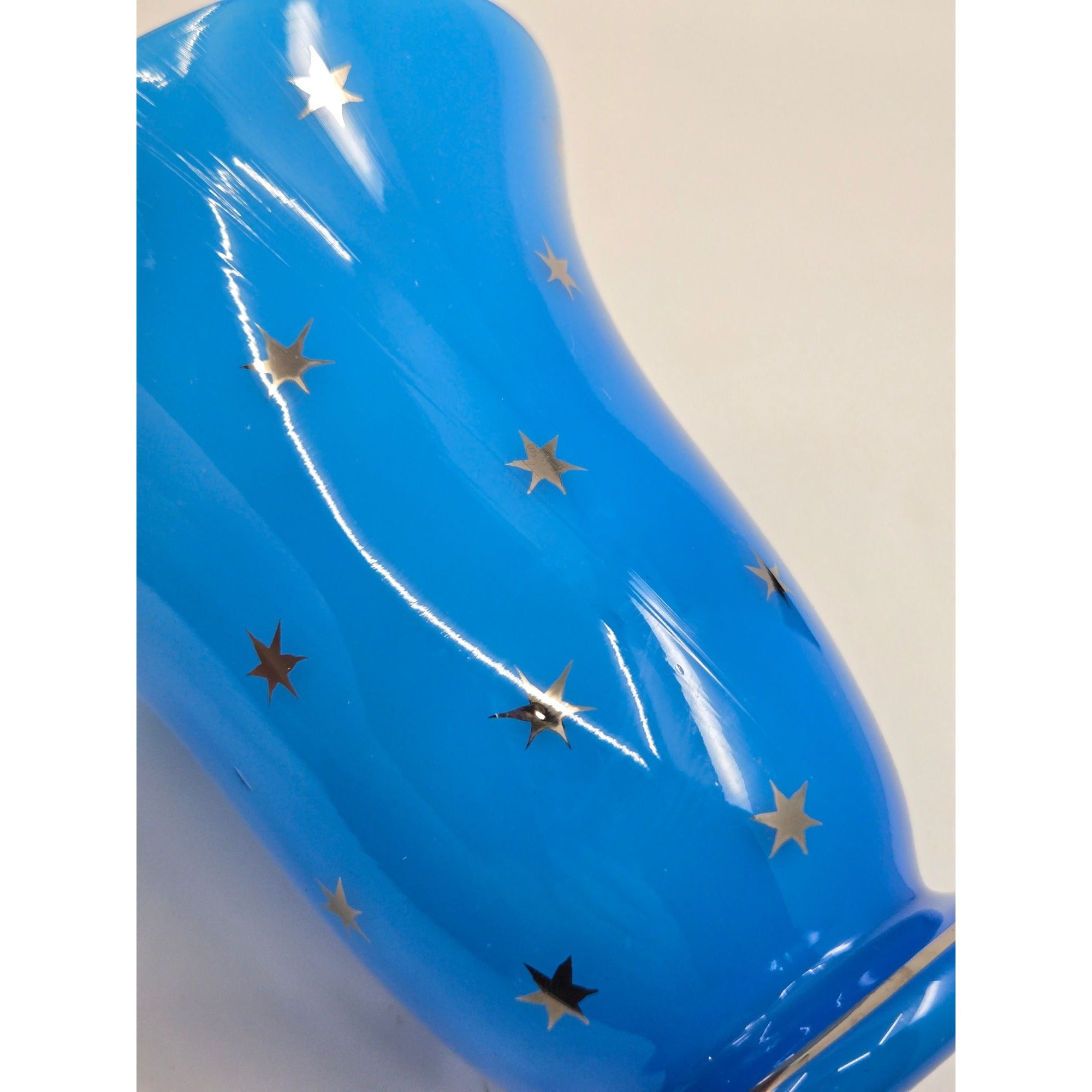 Victorian Blue Opaline Harrach Vase With Star Pattern Flared Top & Round Base, Czech