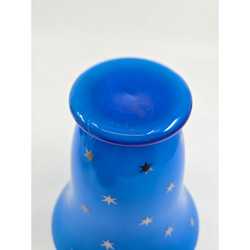 Victorian Blue Opaline Harrach Vase With Star Pattern Flared Top & Round Base, Czech