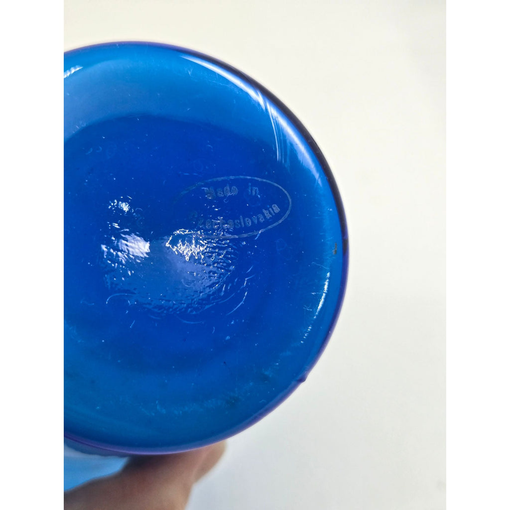 Victorian Blue Opaline Harrach Vase With Star Pattern Flared Top & Round Base, Czech