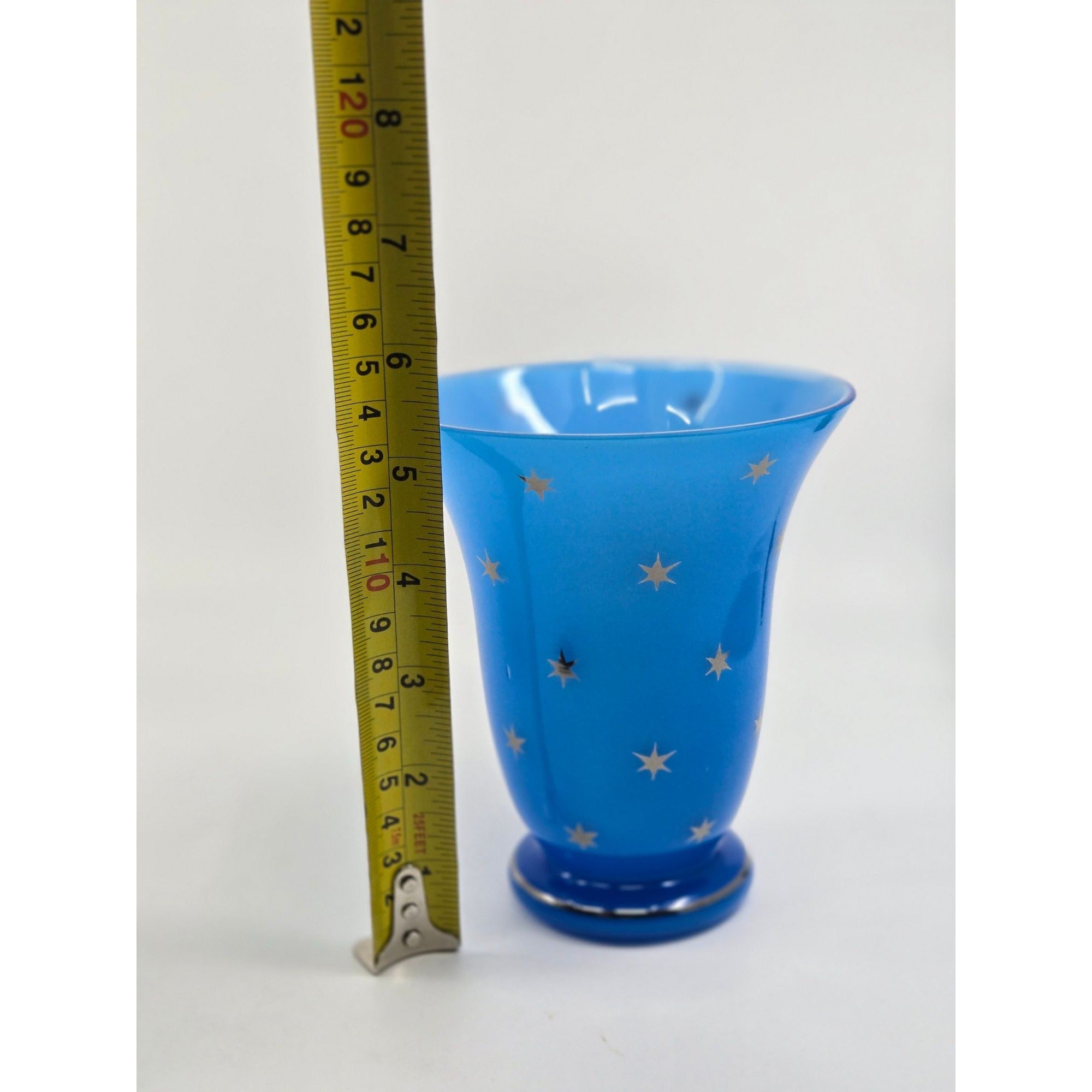 Victorian Blue Opaline Harrach Vase With Star Pattern Flared Top & Round Base, Czech