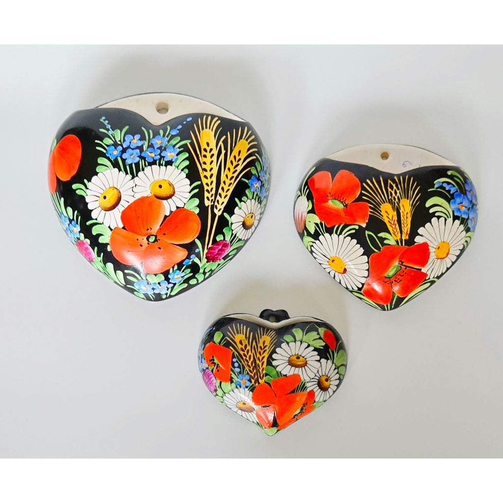 Hand-Painted Czech Ceramic Heart Wall Pockets Set Of 3 Peasant Ware, Floral