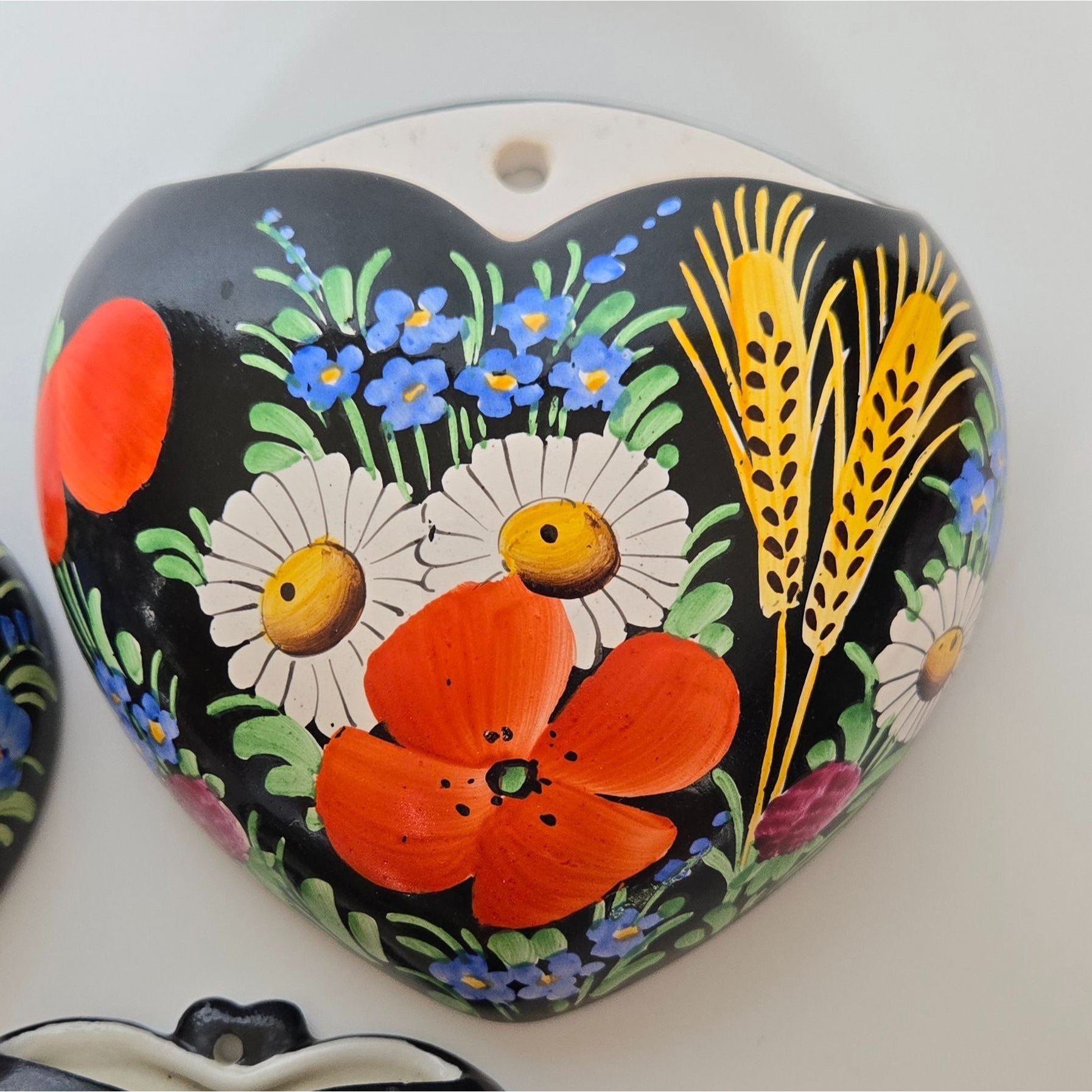 Hand-Painted Czech Ceramic Heart Wall Pockets Set Of 3 Peasant Ware, Floral