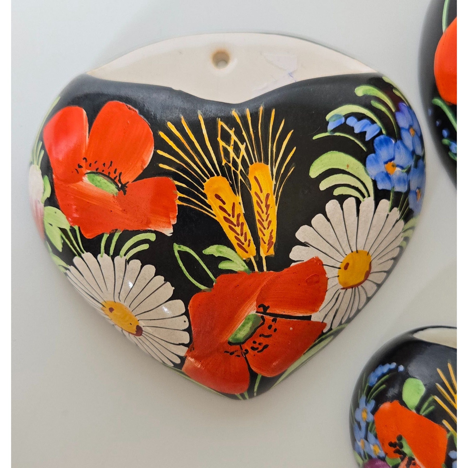 Hand-Painted Czech Ceramic Heart Wall Pockets Set Of 3 Peasant Ware, Floral