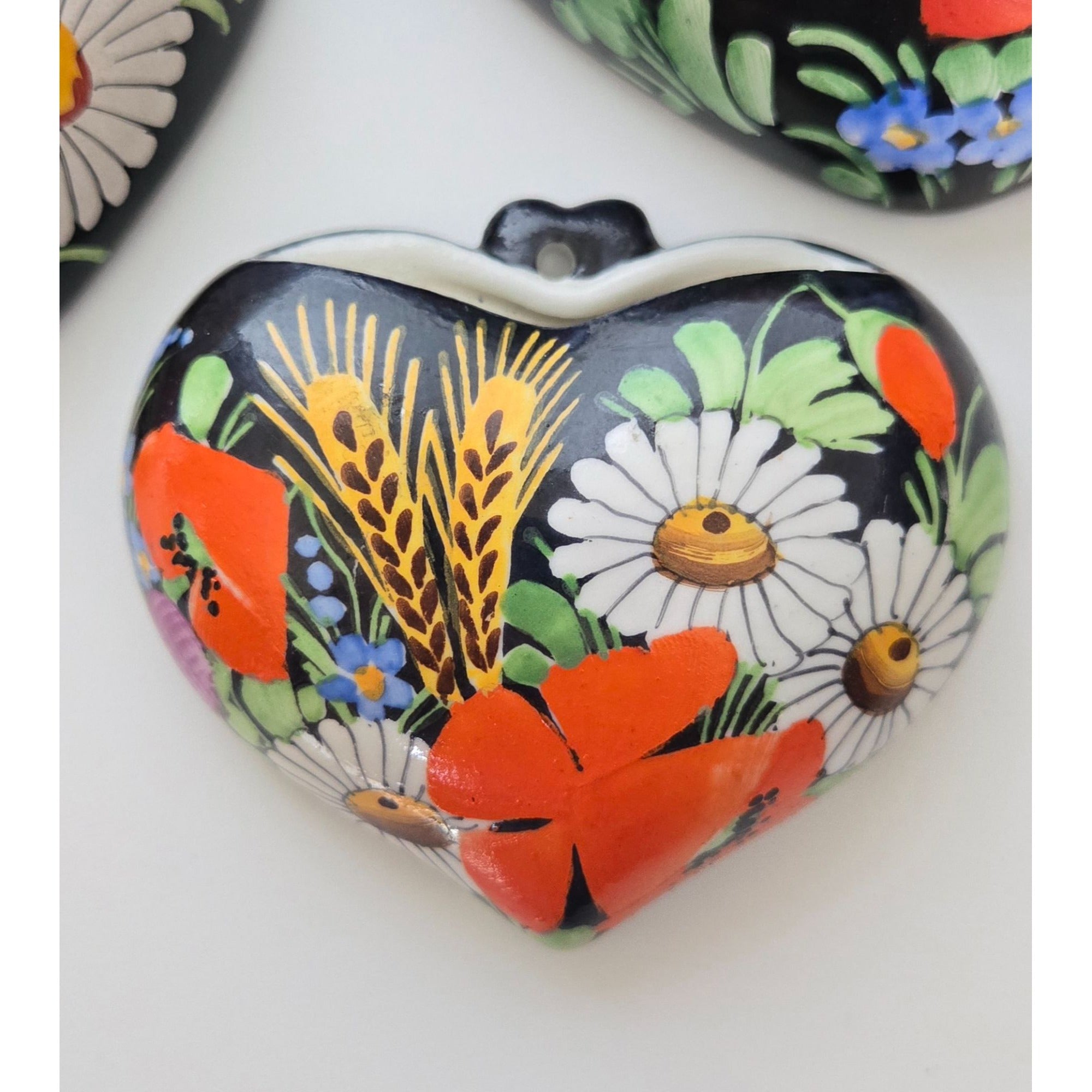 Hand-Painted Czech Ceramic Heart Wall Pockets Set Of 3 Peasant Ware, Floral