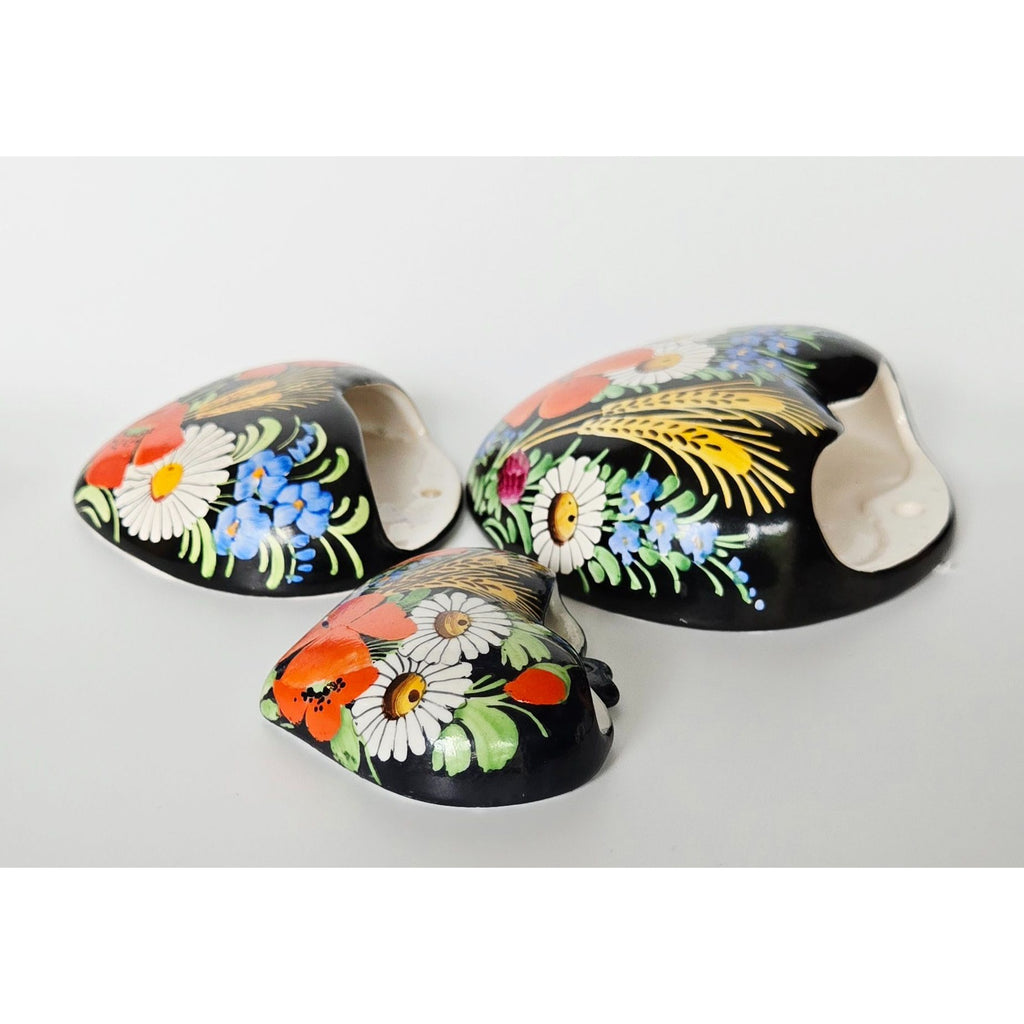 Hand-Painted Czech Ceramic Heart Wall Pockets Set Of 3 Peasant Ware, Floral
