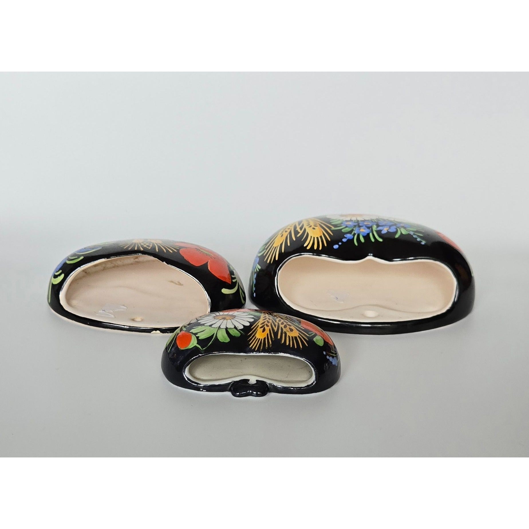 Hand-Painted Czech Ceramic Heart Wall Pockets Set Of 3 Peasant Ware, Floral