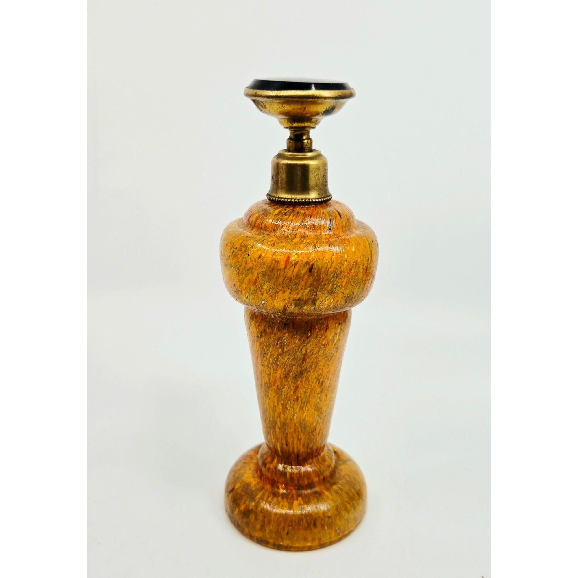 Vintage Czech Bohemian Art Glass Perfume Bottle With Brass Accents & Black/Gold Stopper