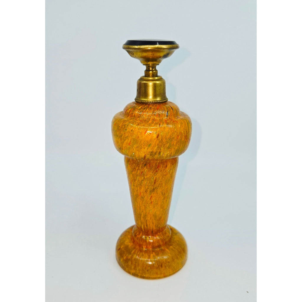 Vintage Czech Bohemian Art Glass Perfume Bottle With Brass Accents & Black/Gold Stopper