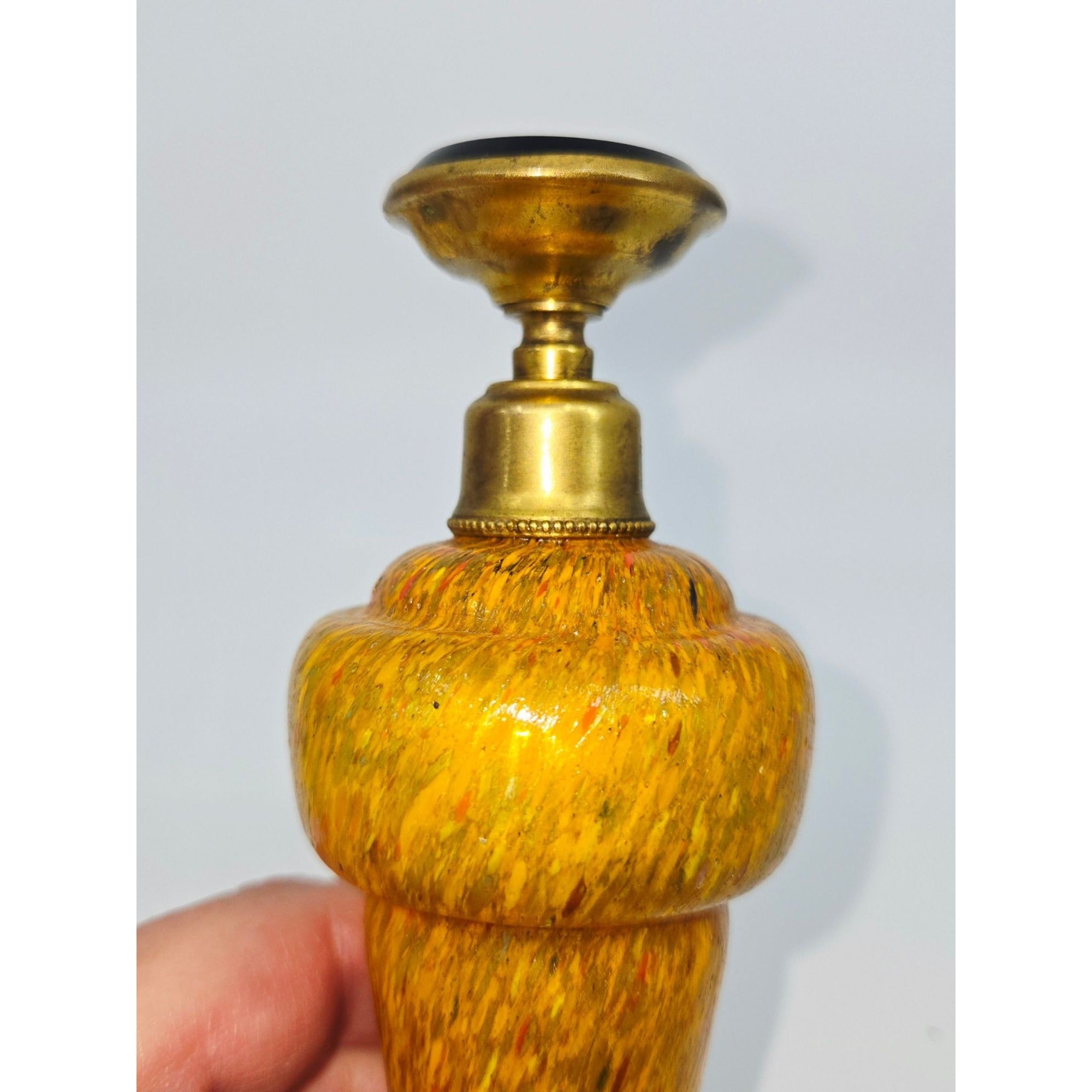 Vintage Czech Bohemian Art Glass Perfume Bottle With Brass Accents & Black/Gold Stopper