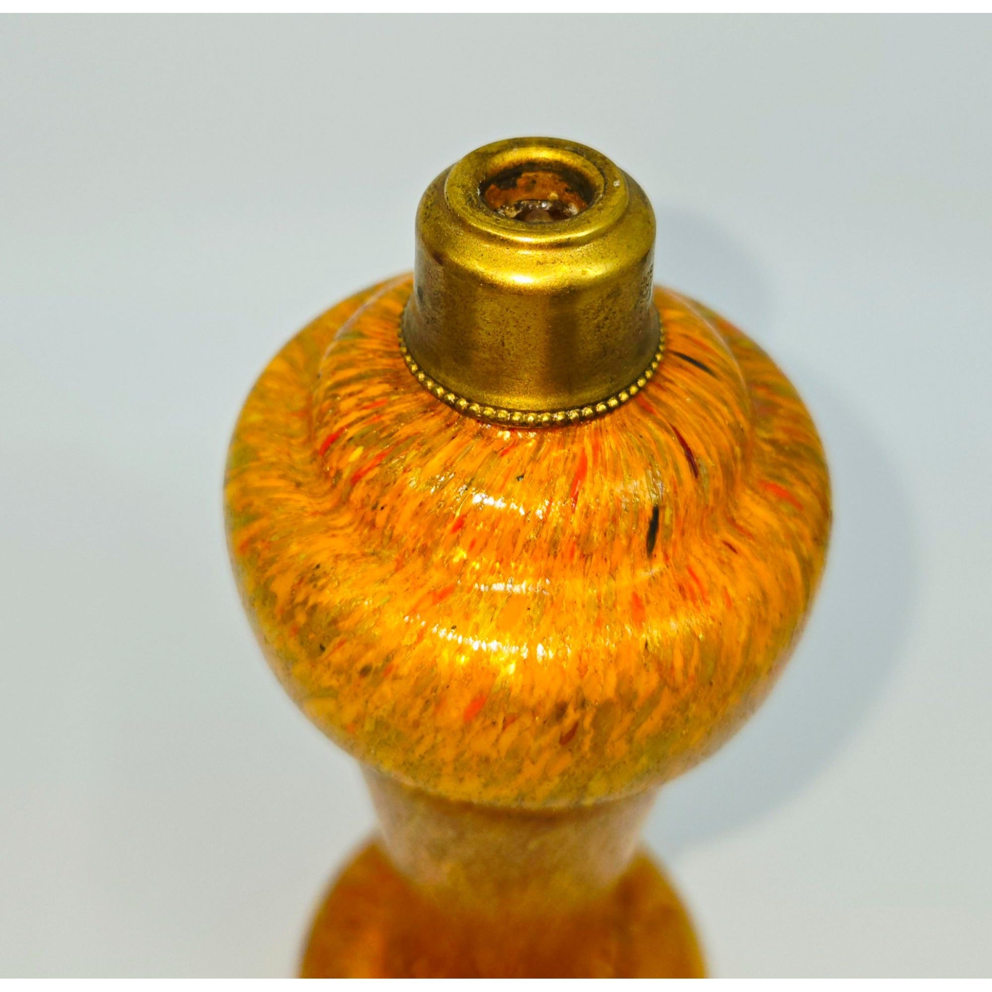 Vintage Czech Bohemian Art Glass Perfume Bottle With Brass Accents & Black/Gold Stopper