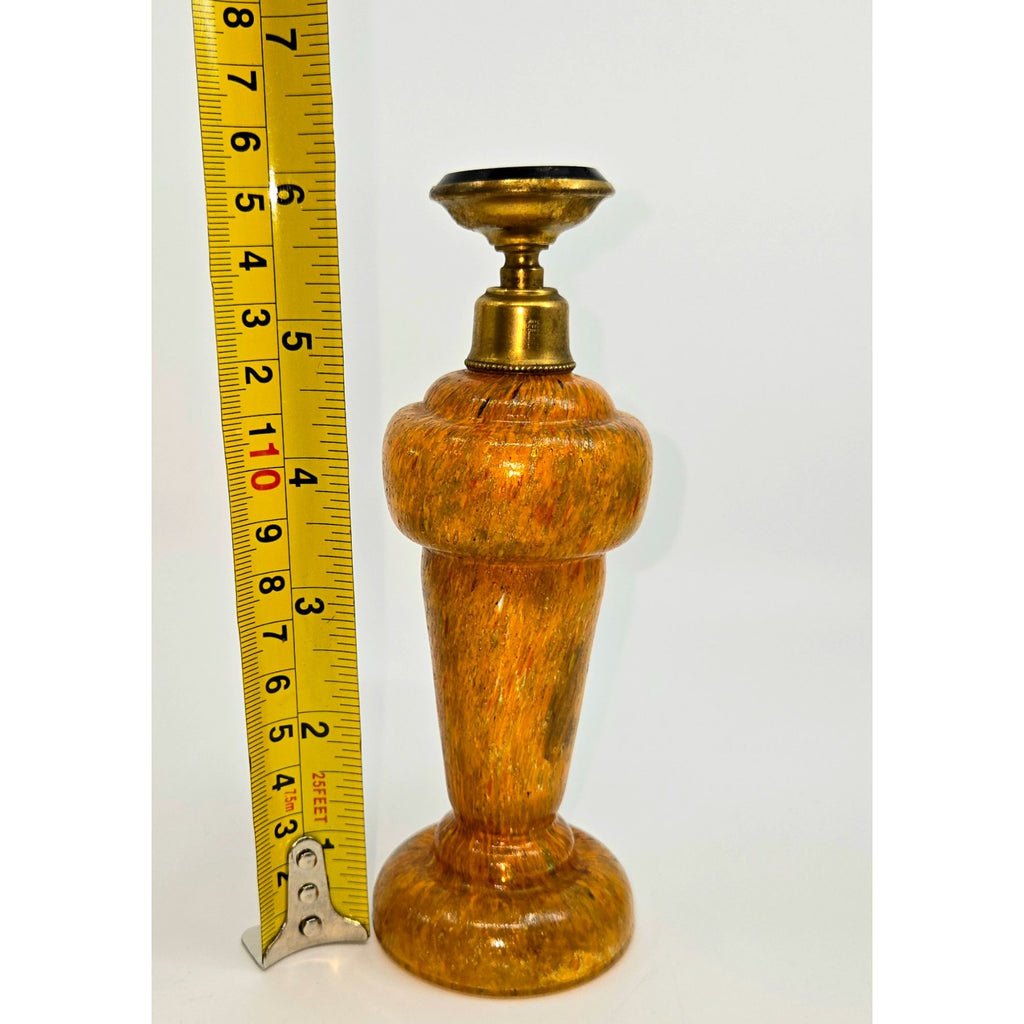 Vintage Czech Bohemian Art Glass Perfume Bottle With Brass Accents & Black/Gold Stopper