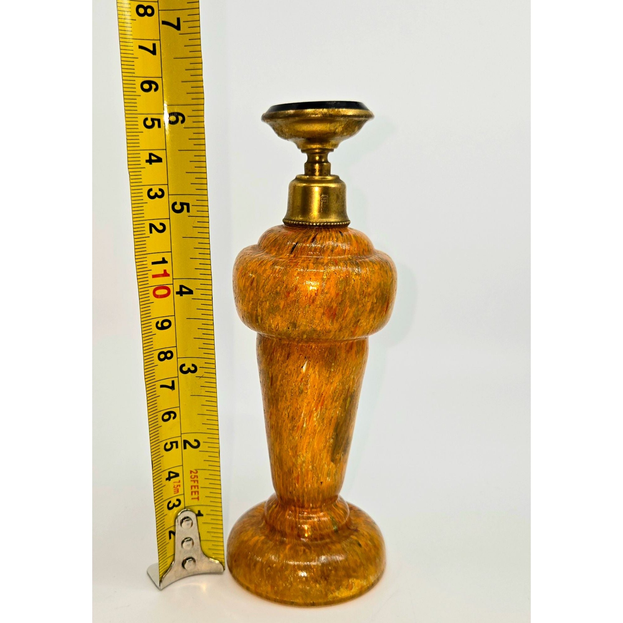 Vintage Czech Bohemian Art Glass Perfume Bottle With Brass Accents & Black/Gold Stopper