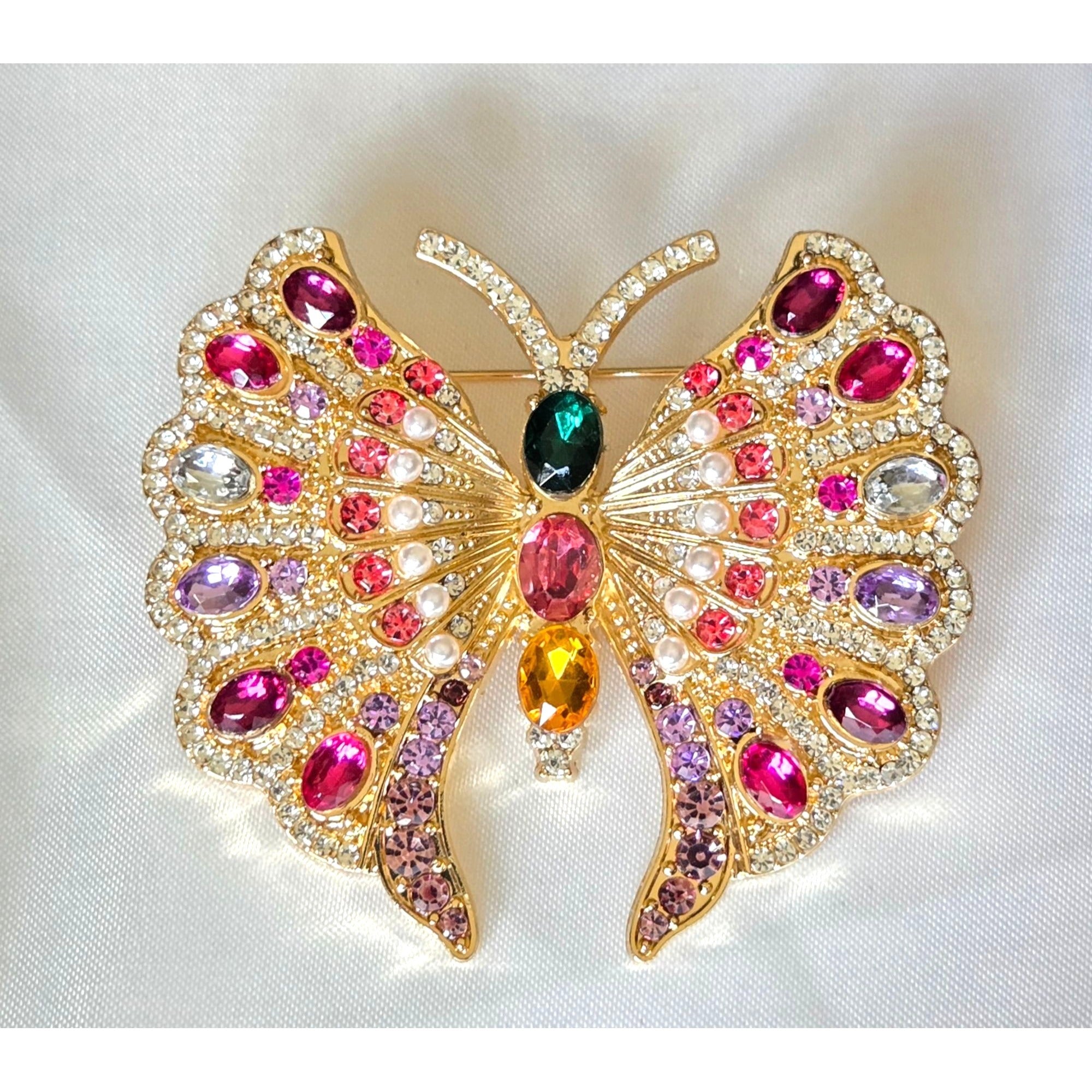 Multicolor Rhinestone Butterfly Brooch Pin With Gold-Tone Finish 2x2 Inches
