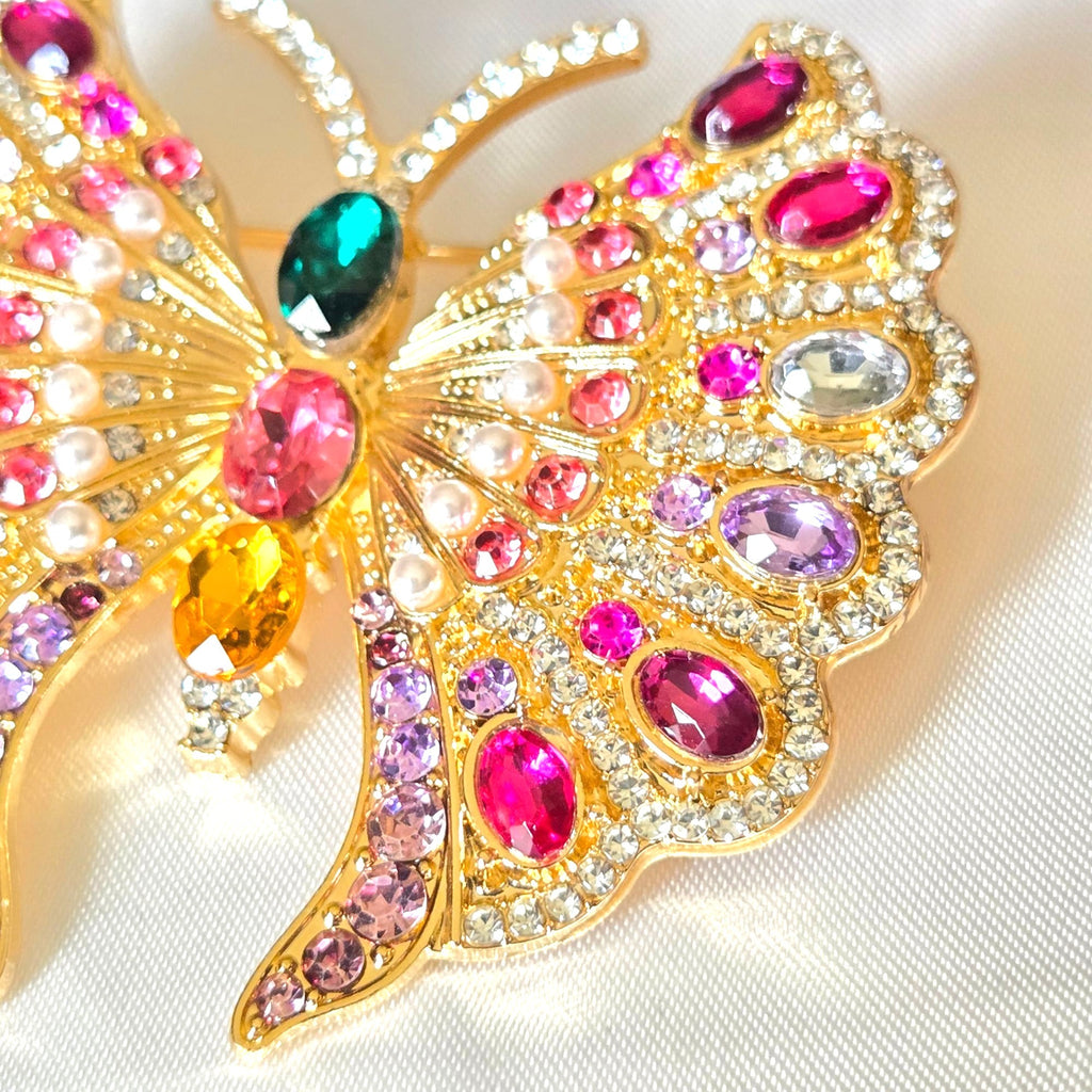 Multicolor Rhinestone Butterfly Brooch Pin With Gold-Tone Finish 2x2 Inches