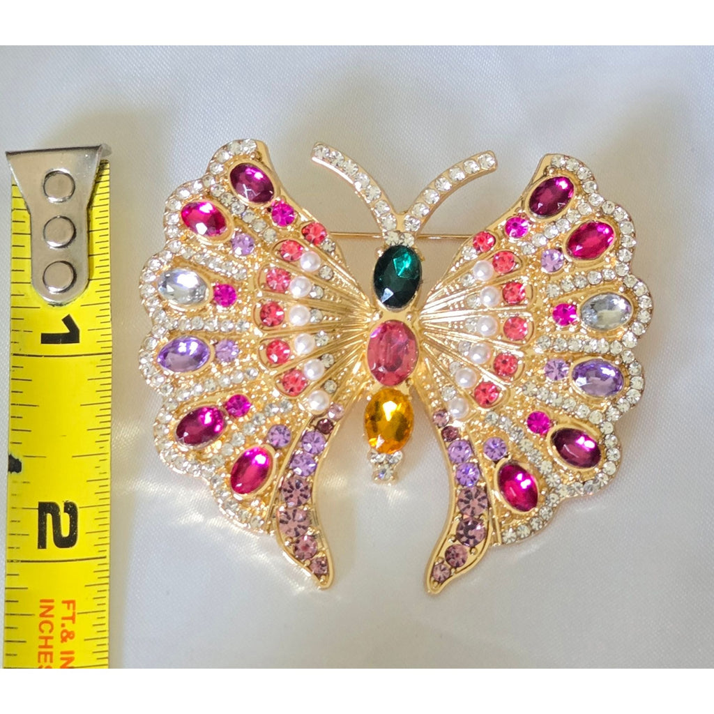 Multicolor Rhinestone Butterfly Brooch Pin With Gold-Tone Finish 2x2 Inches