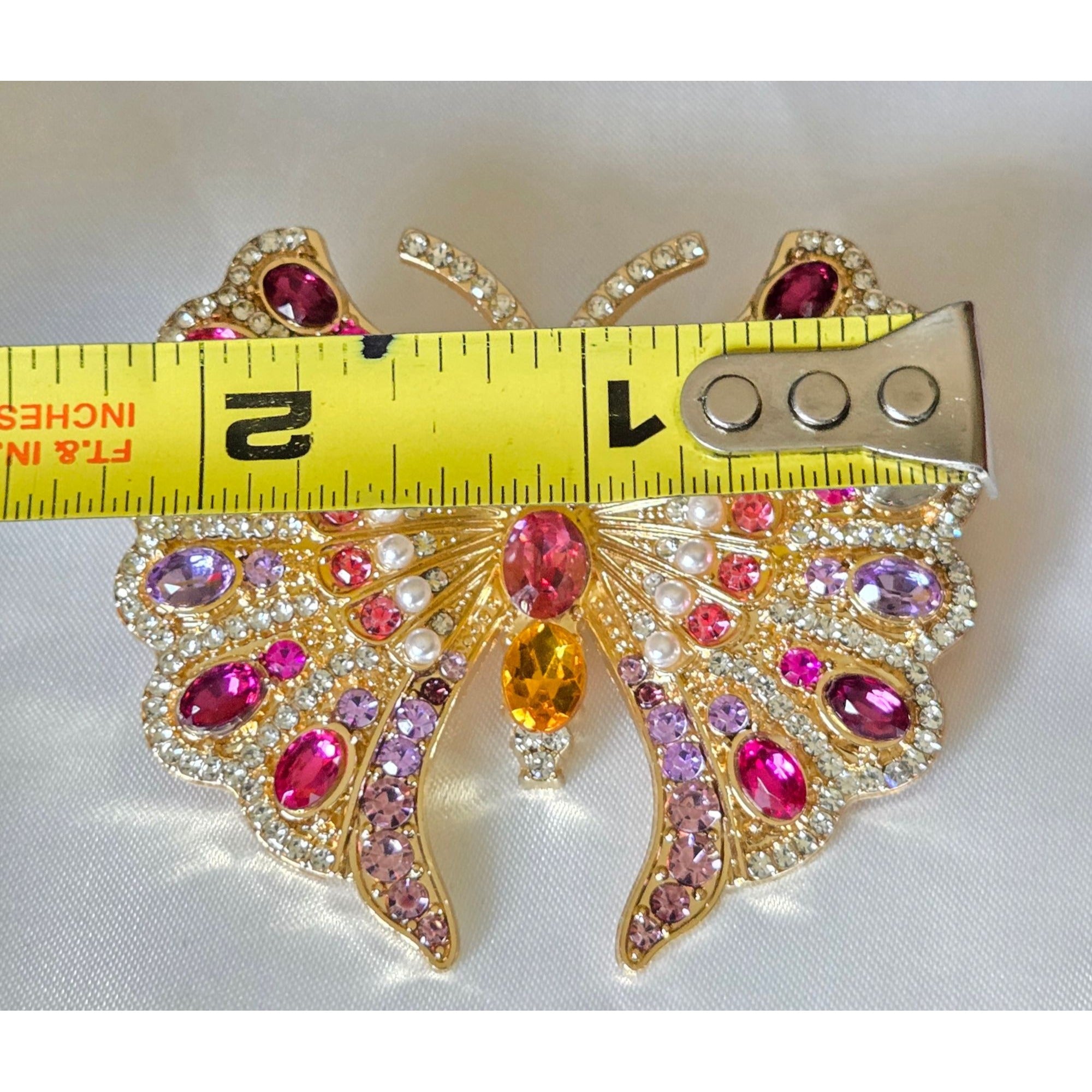 Multicolor Rhinestone Butterfly Brooch Pin With Gold-Tone Finish 2x2 Inches