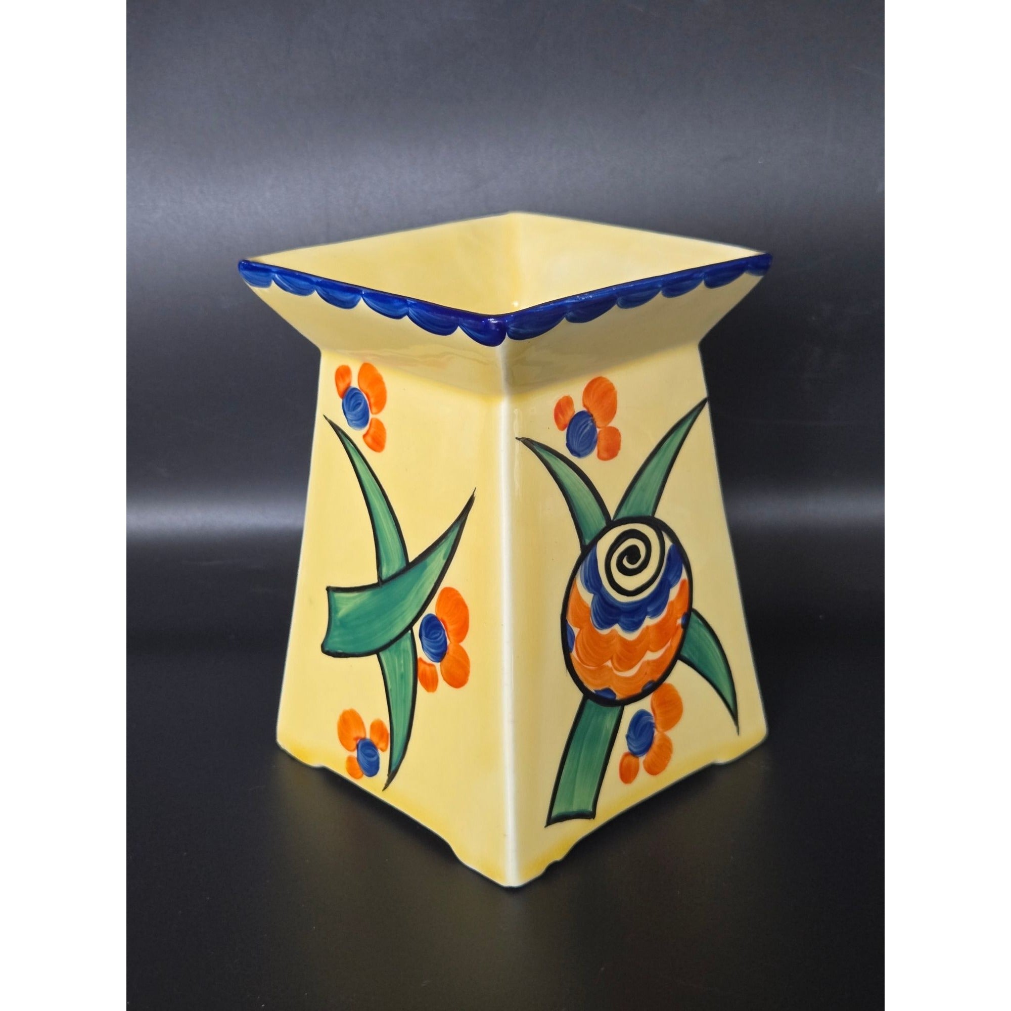 Hand-Painted Lostro Ceramic Vase w/ Hand Painted Vibrant Floral Patterns & Yellow Base