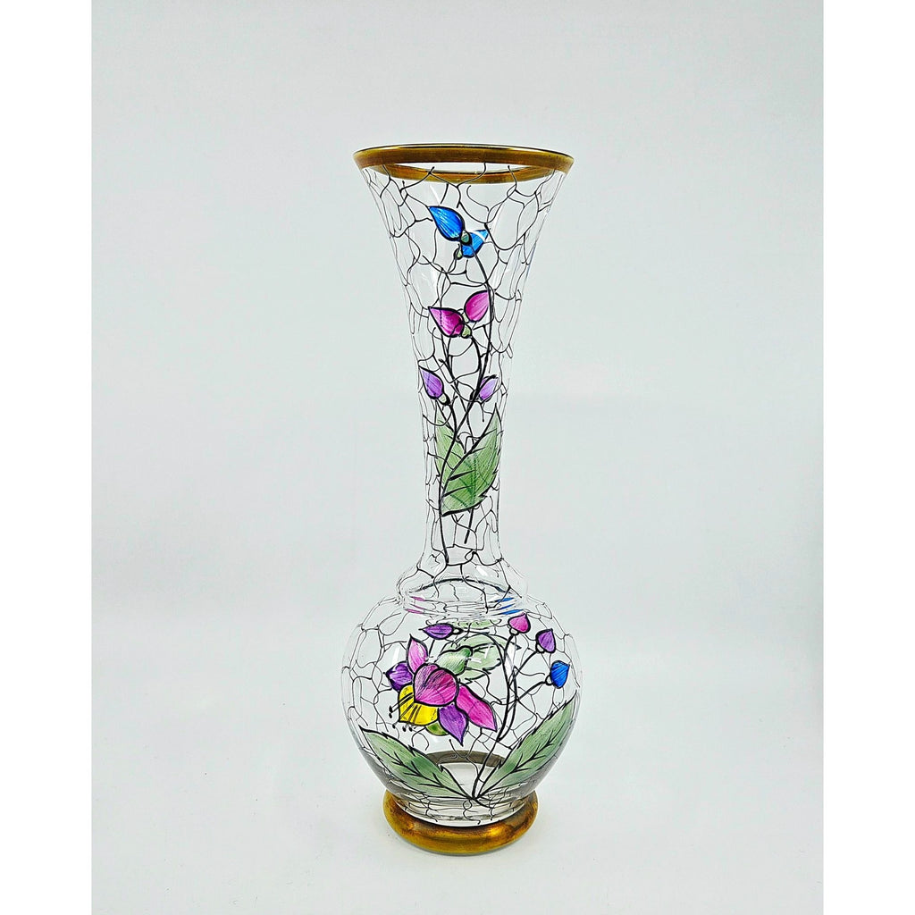Vintage Handpainted Blown Glass Floral Vase Crystalex Bohemian Czech, Excellent