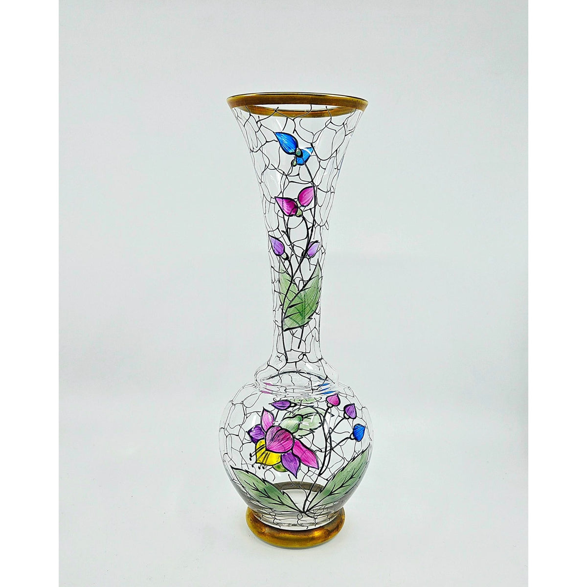 Vintage Handpainted Blown Glass Floral Vase Crystalex Bohemian Czech, Excellent